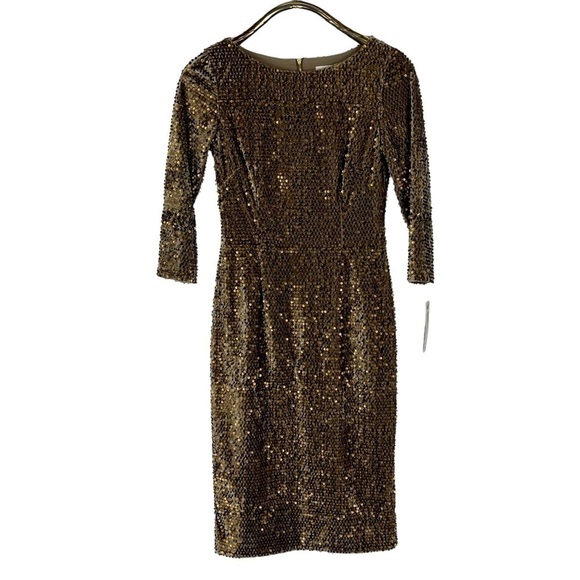 ELIZA J EJ5MO125 VELVET SEQUIN 3/4 SLEEVE BRONZE STRETCH SHEATH COCKTAIL DRESS - Picture 3 of 16